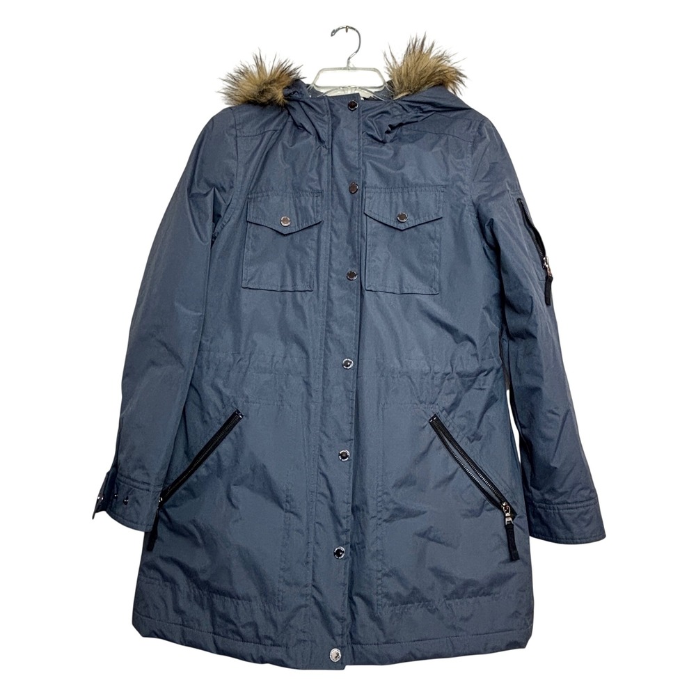 London Fog Parka Jacket Womens Medium M Navy Blue Faux Fur Hood Utility Gorpcore